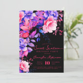 Romantische Lila Blütensüße 16 Geburtstagsschwarz Einladung (Stehend Vorderseite)