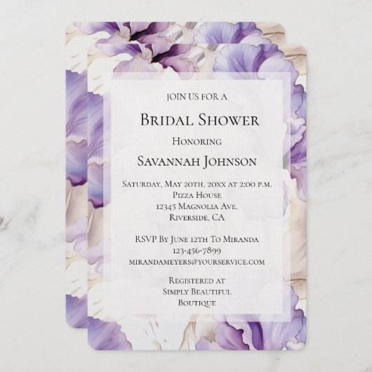 Romantische Lila Creme Iris Brautparty Einladung (Vorne/Hinten)