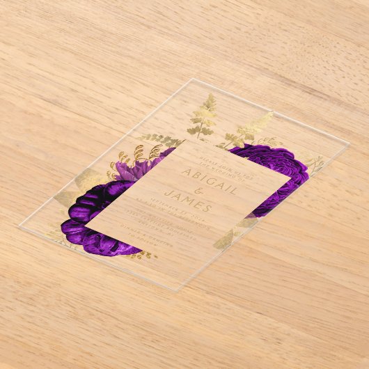 Romantische Lila Gold Floral Acryleinladungen (Ablage )