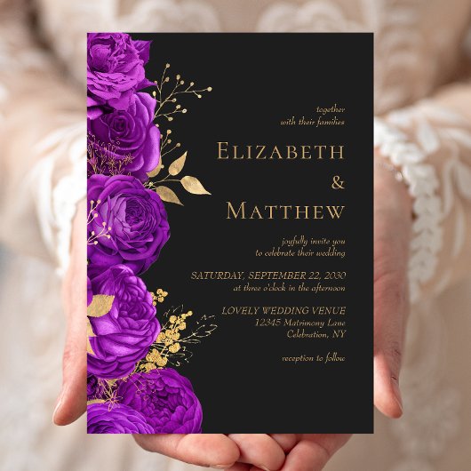Romantische Lila Goldblume-Hochzeit Einladung