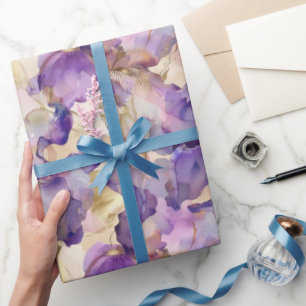 Romantische lila-goldene Iris-Blumenhochzeit Geschenkpapier