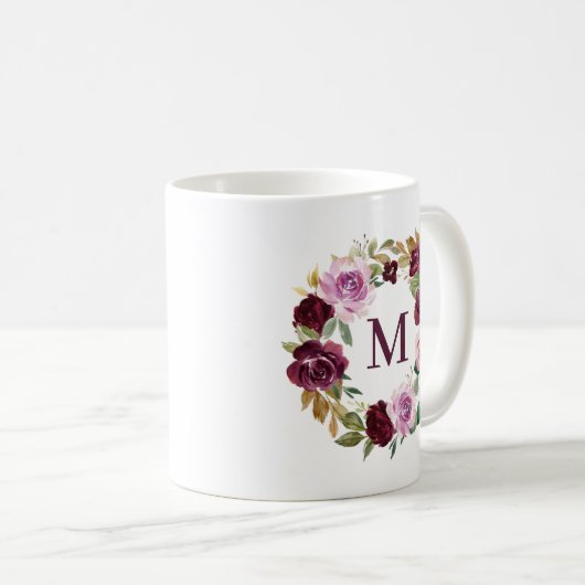 Romantische Lila Herbstblumenröhre Monogramm Kaffeetasse (VorderseiteRechts)
