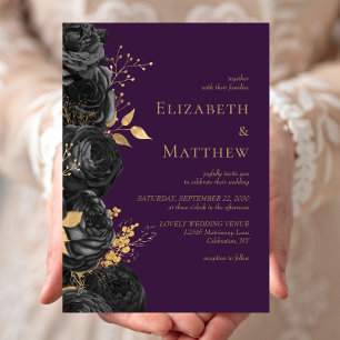 Romantische Lila Hochzeit der Black Gold Floral Einladung