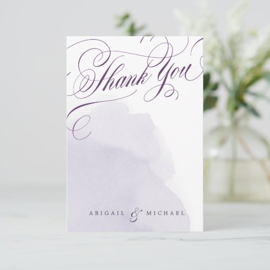 Romantische lila Hochzeitskalligraphie danke (Stehend Vorderseite)