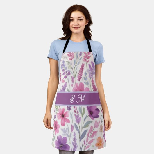 Romantische lila rosa Pastel Botanischer Frühlings Schürze (Getragen)