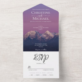Romantische lila Sonnenuntergang Schneeberge Hochz All In One Einladung
