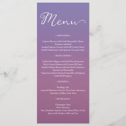 Romantische lila Sonnenuntergang Schneeberge Hochz Menükarte (Vorderseite)