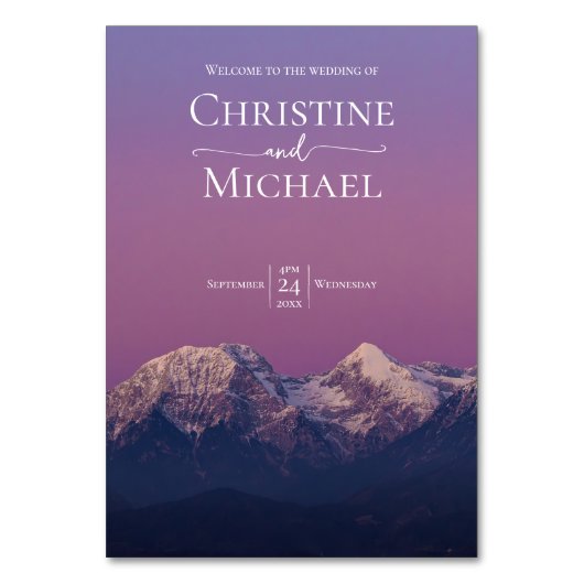 Romantische lila Sonnenuntergang Schneeberge Hochz Tischnummer (Vorderseite)