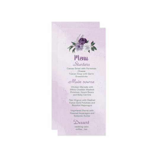 romantische lila weiße Blume Grüne Blätter Menükarte (Vorderseite/Rückseite Beispiel)