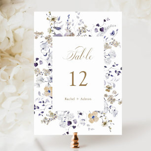 Romantische lila weiße Gold-Blumen-Hochzeit   Tischnummer