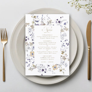 Romantische lila weiße Gold Blumenhochzeit Menükarte