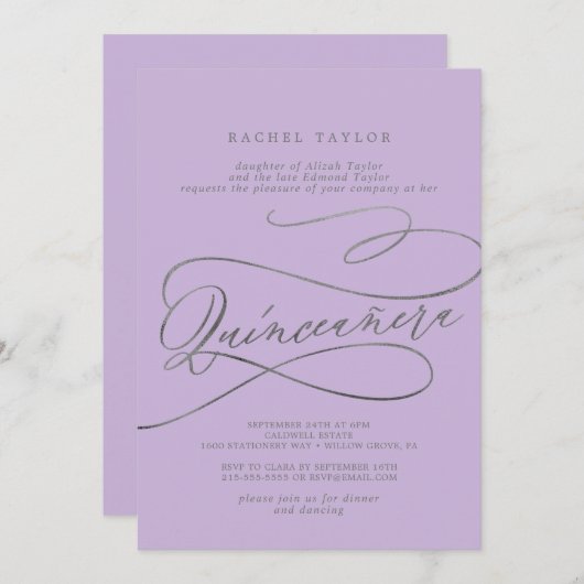 Romantische Lilac Calligraphy Quinceañera Einladun Einladung (Vorne/Hinten)