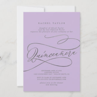 Romantische Lilac Calligraphy Quinceañera Einladun Einladung