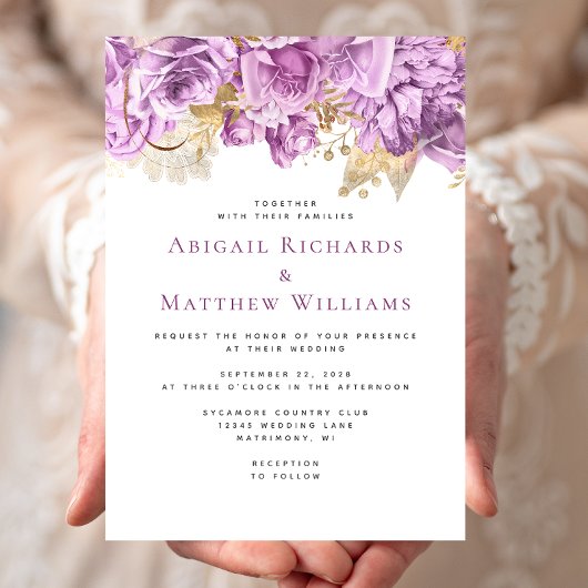 Romantische Lilac Gold Floral Wedding Einladung