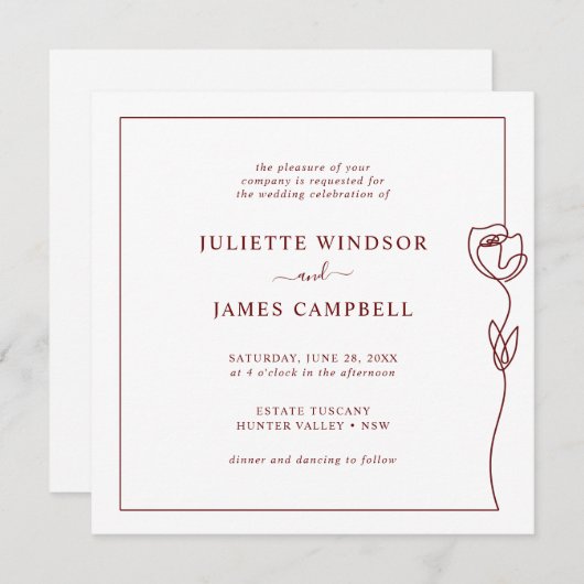 Romantische Line Rose Square Hochzeitseinladung Einladung (Vorne/Hinten)