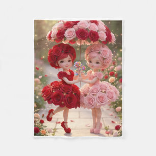 Romantische Mädchen mit rosa Blumenoutfits Fleece- Fleecedecke
