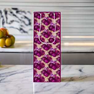 Romantische Magenta-Rose und Gold-Blätter auf Peac Geschenktüte Für Weinflaschen