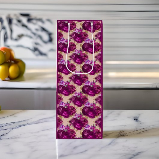 Romantische Magenta-Rose und Gold-Blätter auf Peac Geschenktüte Für Weinflaschen