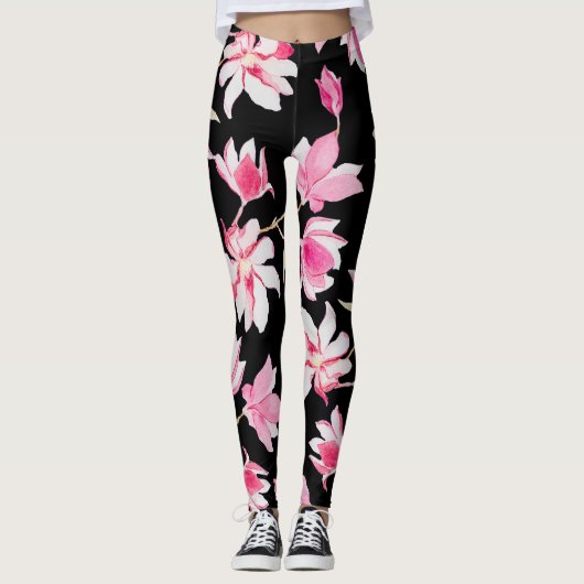 Romantische Magnolien: Schwarzes Wasser Leggings (Vorderseite)