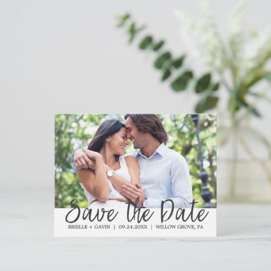 Romantische Märchenkalligrafie Save the Date Foto Ankündigungspostkarte (Stehend Vorderseite)