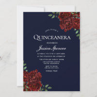 Romantische Marine & Rote Rose Quinceanera Einladu