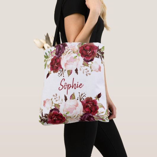 romantische Marsala Aquarell-Blume Tasche (Von Nahem)