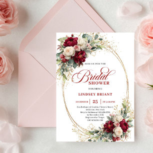 Romantische Marsala-Blumen-Goldene Hochzeitseinlad Einladung