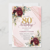 Romantische Marsala White Gold Blume 80. Geburtsta Einladung (Vorderseite)