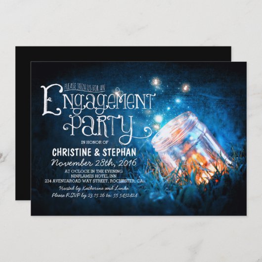 Romantische Mason Jar & Firefreflies-Verlobungspar Einladung (Vorne/Hinten)