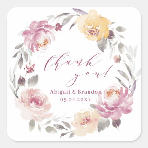 Romantische mauve florale danke Ihnen Hochzeit Quadratischer Aufkleber