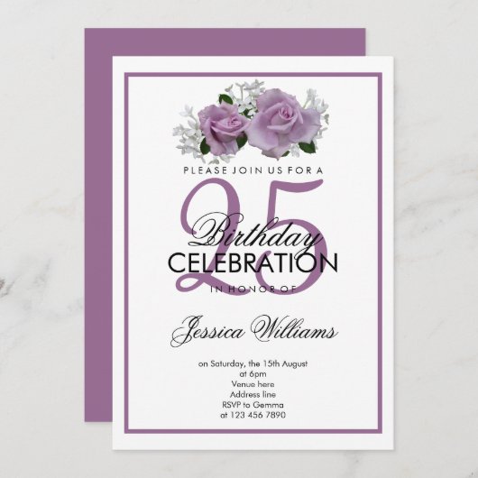 Romantische Mauve Rose Geburtstag Einladung (Vorne/Hinten)