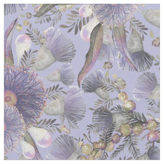 Romantische Mauve Wattle & Eukalyptus Stoff (Nahaufnahme)