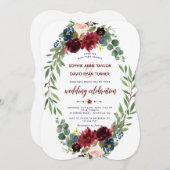 Romantische Merlot Navy Blumenblume Hochzeit Einladung (Vorne/Hinten)