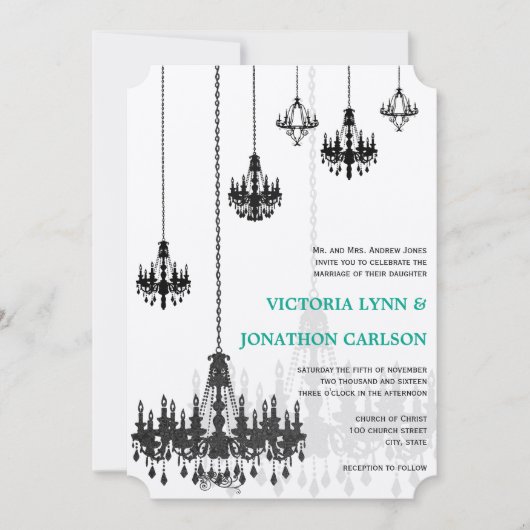 Romantische Minze Grün Damask Kronleuchter Hochzei Einladung (Vorderseite)