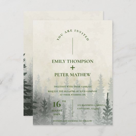 Romantische Misty Forest Watercolor Trees Wedding Postkarte (Vorne/Hinten)