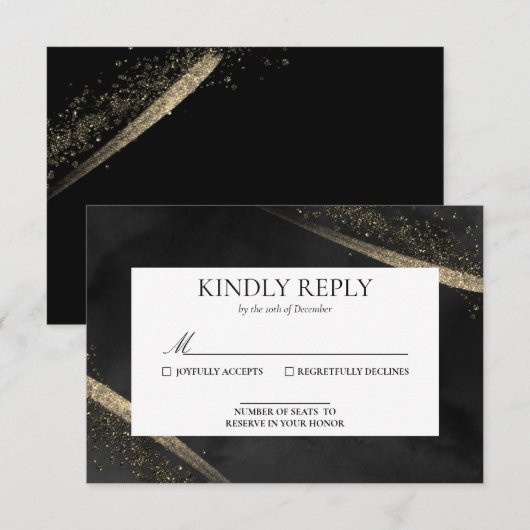 Romantische moderne Black and Gold Wedding RSVP Ca Karte (Vorne/Hinten)