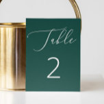 Romantische Moderne Deep Emerald Green Script Hoch Tischnummer<br><div class="desc">Fügen Sie Ihrem Empfang eine Touch kühner Eleganz mit dieser smaragdgrünen HochzeitsTischnummer hinzu. Der reichhaltige, gesättigte Hintergrund wird mit einem zarten weißen Skript und einer sauberen Typografie für ein modernes, raffiniertes Aussehen kombiniert. Dieses eindrucksvolle Design eignet sich hervorragend für Hochzeiten im Abend, Winterfeiern oder Feierlichkeiten, bei denen raffinierte Farbpaletten glänzen....</div>