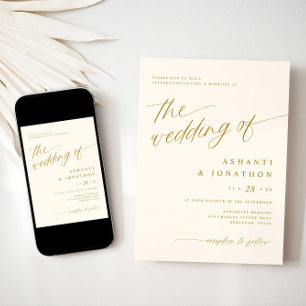 Romantische moderne Gold-Elfenbein-Hochzeit in ein Einladung