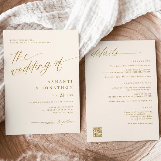 Romantische, moderne Goldene Elfenbein auf einer H Einladung