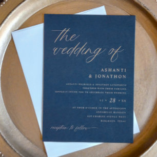 Romantische moderne Navy-Blau und Gold Hochzeit Einladung
