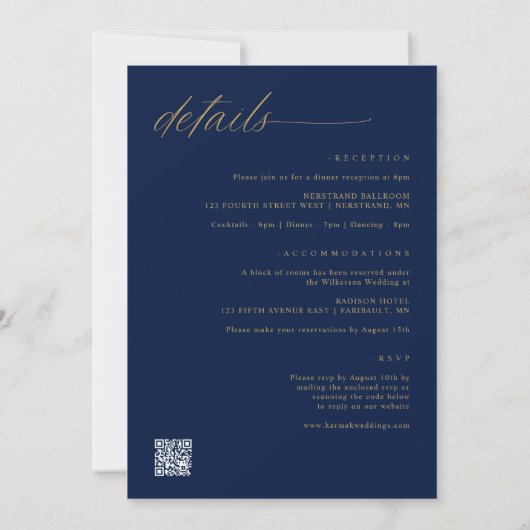 Romantische moderne Navy Blue Gold auf einer Hochz Einladung (Rückseite)