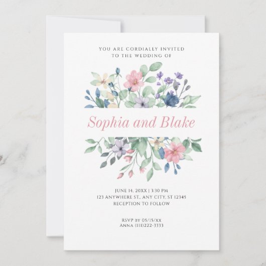 Romantische moderne Wildblumen Einfache White Wedd Einladung (Vorderseite)