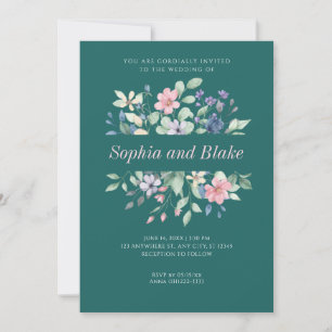 Romantische moderne Wildblumen Jade-Grün-Hochzeit Einladung