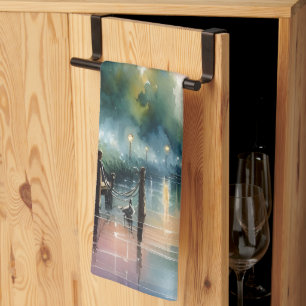 Romantische Mondlicht-Aquarell-Nachtszene Geschirrtuch