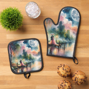 Romantische Mondlicht-Aquarell-Nachtszene Ofenhandschuh & Topflappen-Set