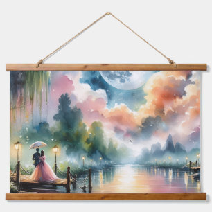Romantische Mondlicht-Aquarell-Nachtszene Wandteppich Mit Holzrahmen