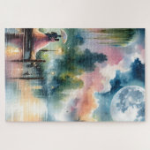 Romantische Mondlicht Wasserfarben Nachtszene Puzzle (Horizontal)