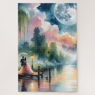 Romantische Mondlicht Wasserfarben Nachtszene Puzzle