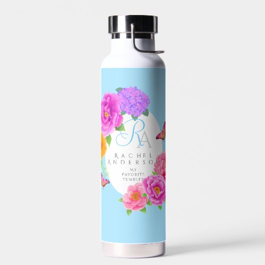 Romantische Monogram Peonies Garden Blue Trinkflasche (Links)