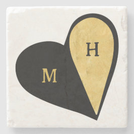 Romantische Monogramm für Schwarzes und Gold Herz Steinuntersetzer